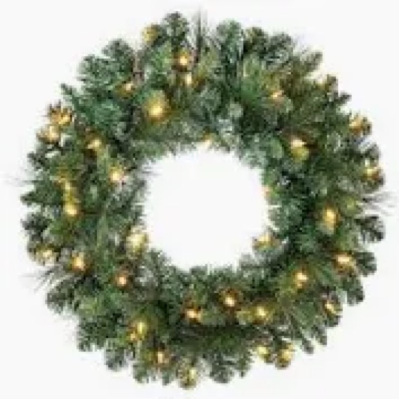 24 Inch Christmas Wreaths, Christmas Wreaths for Front Door with Balls Ornaments, Eucalyptus and Battery Operated LED Lights, Large Artificial Xmas Wreath with Timer for Outdoor Holiday Decor