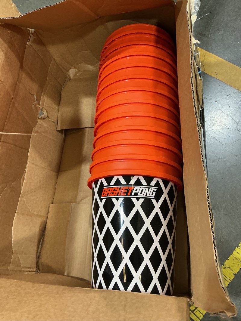 Condition photo showing Good Condition for basketpong giant yard pong and basketball game with 12 buckets, 2 balls, carrying bag, and air pump – outdoor game for lawn, backyard, beach, and parties