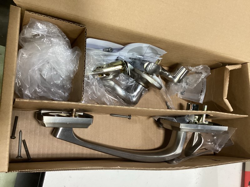 Condition photo showing As Is for kwikset prescott satin nickel entry handleset 1-3/4 in.