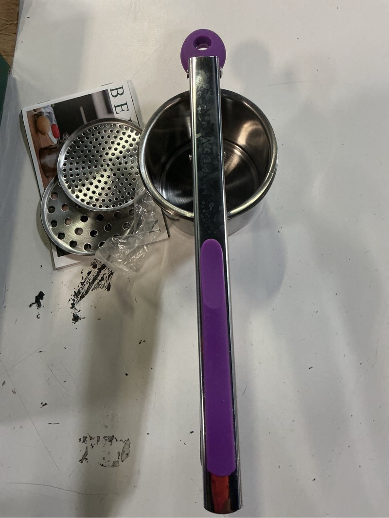 Condition photo showing As Is for bellemain heavy-duty stainless steel potato ricer & masher | 15 oz, perfect for mashed potatoes | kitchen tool with 3 interchangeable discs (purple) three discs purple