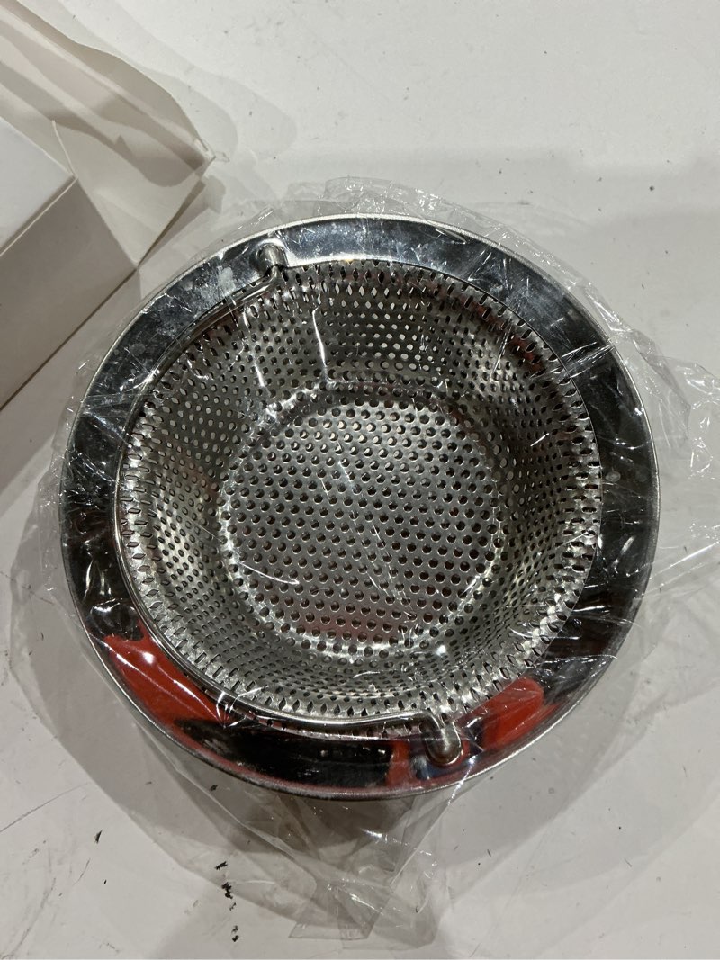 Condition photo showing Good Condition for 2 pack kitchen sink drain strainer with handle, stainless steel large kitchen sink drain basket food catcher, outer diameter 4.5 inch, rust free casual