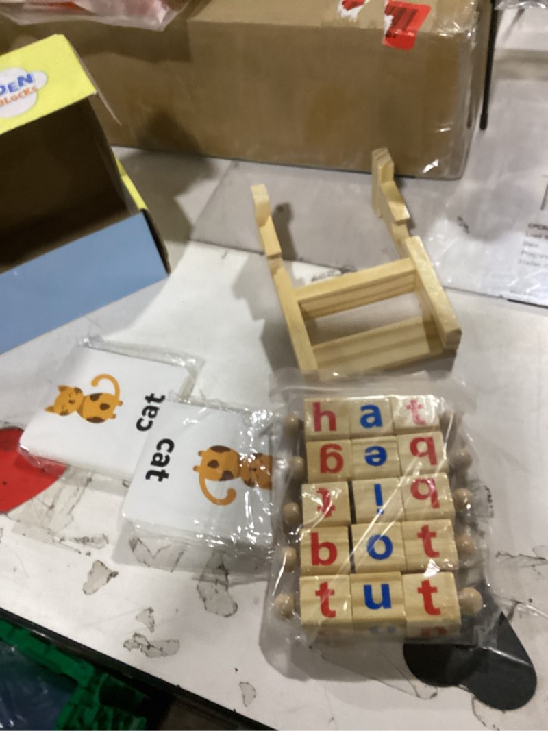 Condition photo showing New/Like New for coogam wooden reading blocks short vowel rods spelling games, flash cards turning rotating letter puzzle for kids, site words montessori spinning alphabet learning toy for preschool boys girls