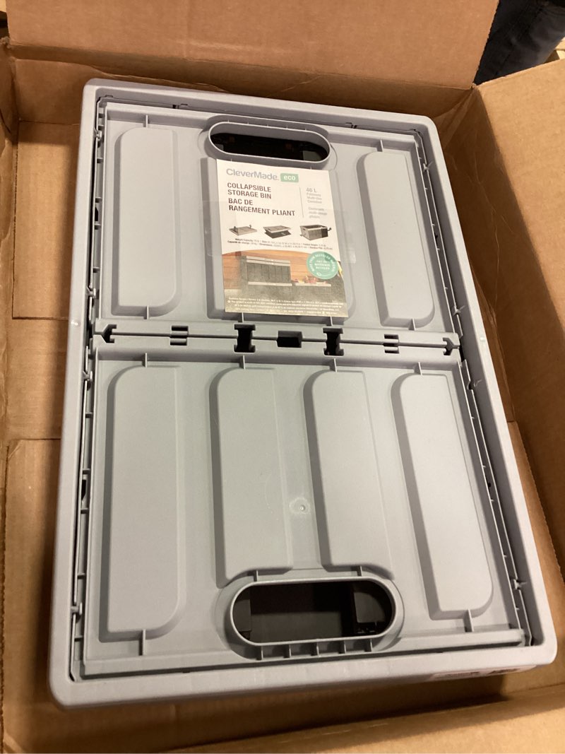 Condition photo showing Good Condition for CleverMade Collapsible Storage Bin, Stone 1PK - 46L (12 Gal) Folding Plastic Stackable Utility Crates, Holds 75lbs Per Bin - Solid Wall CleverCrates for Organizing, Storage, Moving