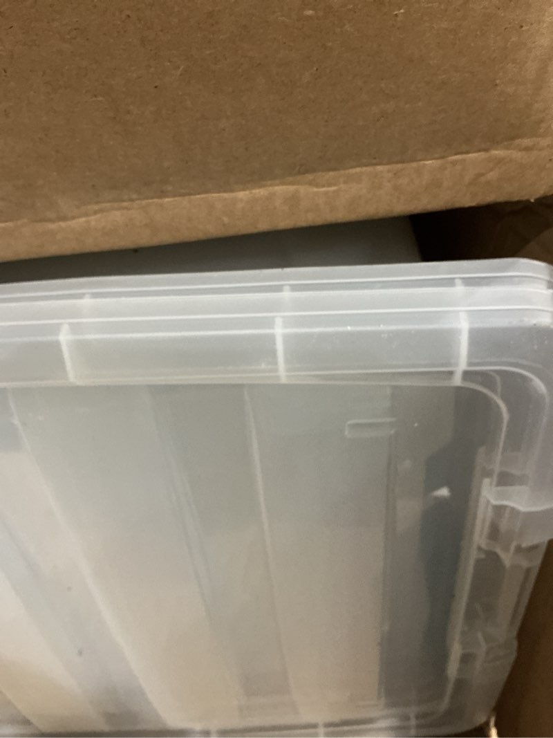 Condition photo showing As Is for iris usa 72 qt stackable plastic storage bins with lids, 6 pack - bpa-free, made in usa - see-through organizing solution, latches, durable nestable containers, secure pull handle - clear clear 72 qt 6 pack