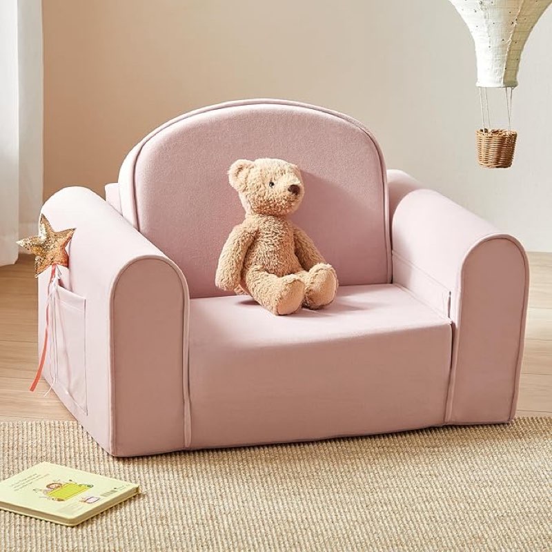 tiny land foldable kids couch with pockets – soft thick toddler sofa, lounger couch, convertible kids chair for playroom, bedroom or living room, gift for boys & girls (pink)