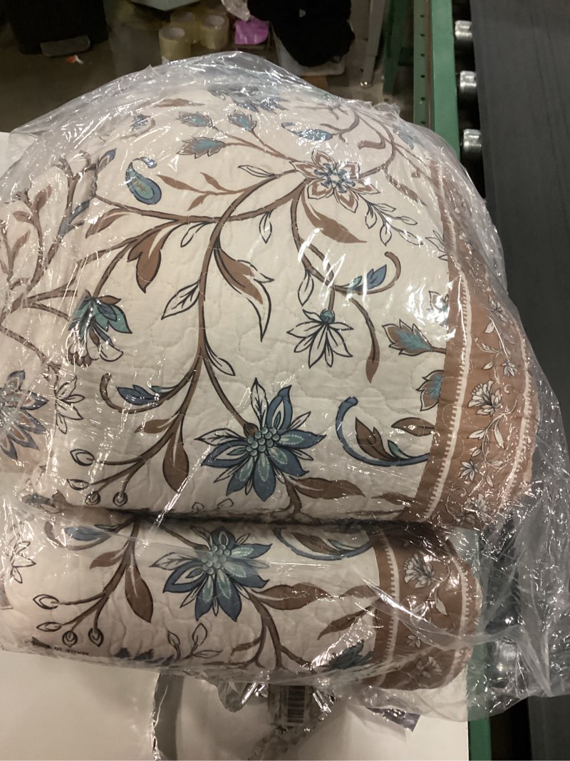 Condition photo showing As Is for PERHOM King Size Quilt Set, 3 Pieces Queen 100% Cotton Quilted Bedding with 2 Pillow Shams, Farmhouse Stiped Botanical Pattern, Lightweight Reversible Coverlet Bedspread, Brown/Beige/Gray Brown/Beige/Brown/Beige) King 