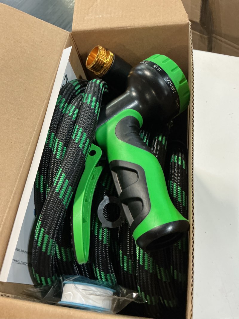Condition photo showing New/Like New for non-expandable garden hose 50 ft, heavy-duty & flexible water hose with 10-function nozzle, kink-free & leak-proof design, ultra lightweight portable yard hose for lawn, car, outdoor use