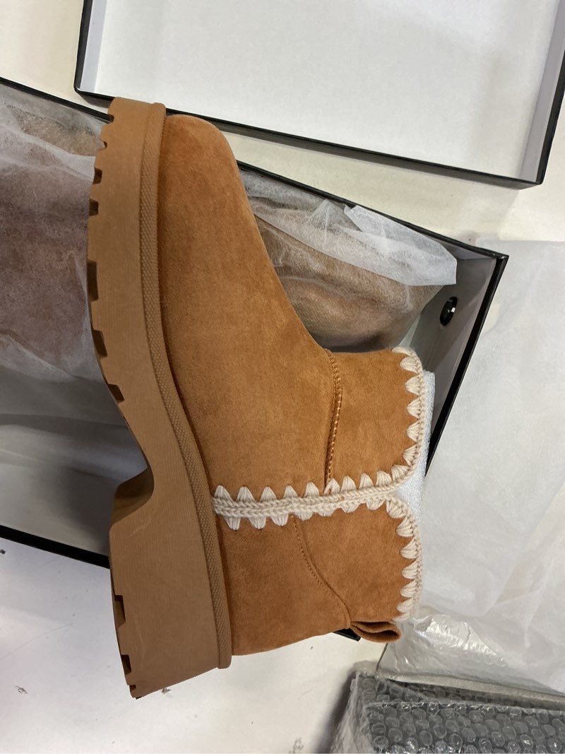 Condition photo showing New/Like New for Size(I)Winter Brown Boots for Women Snow Mini Boot Platform Furry in 2025 Fall Booties with Shell-Shape Trim 7 Chestnut-trim