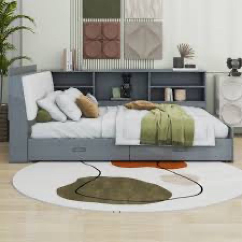 Full Size Platform Bed Daybed With L-Shaped Storage Shelves And Upholstered Headboard, 2 Drawers And Rotatable Storage Board
