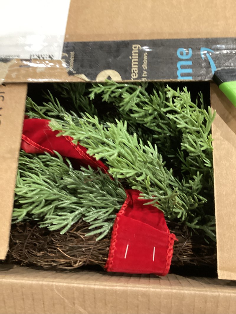 Condition photo showing As Is for DDHS 11 Inch Artificial Boxwood Small Wreath for Front Doors, 2 Packs Green Leaves Wreath, Spring Summer Mini Wreaths for Indoor Outdoor Hanging Wall Window Wedding Home Decor Party Farmhouse 2/11 inch