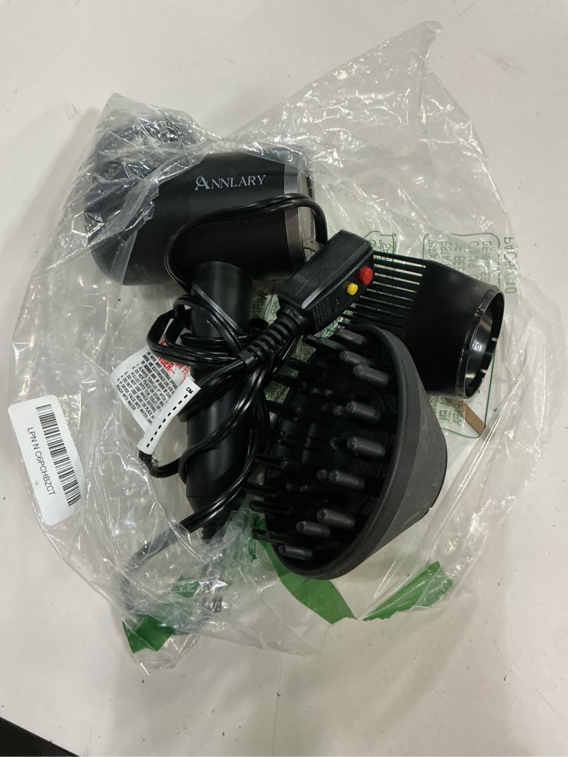 Condition photo showing As Is for annlary hair dryer with comb | 1800w blow dryer with diffuser for curly hair | plasma ionic hairdryer for frizz control | foldable & protable design for travel | 6.5 ft alci cord black