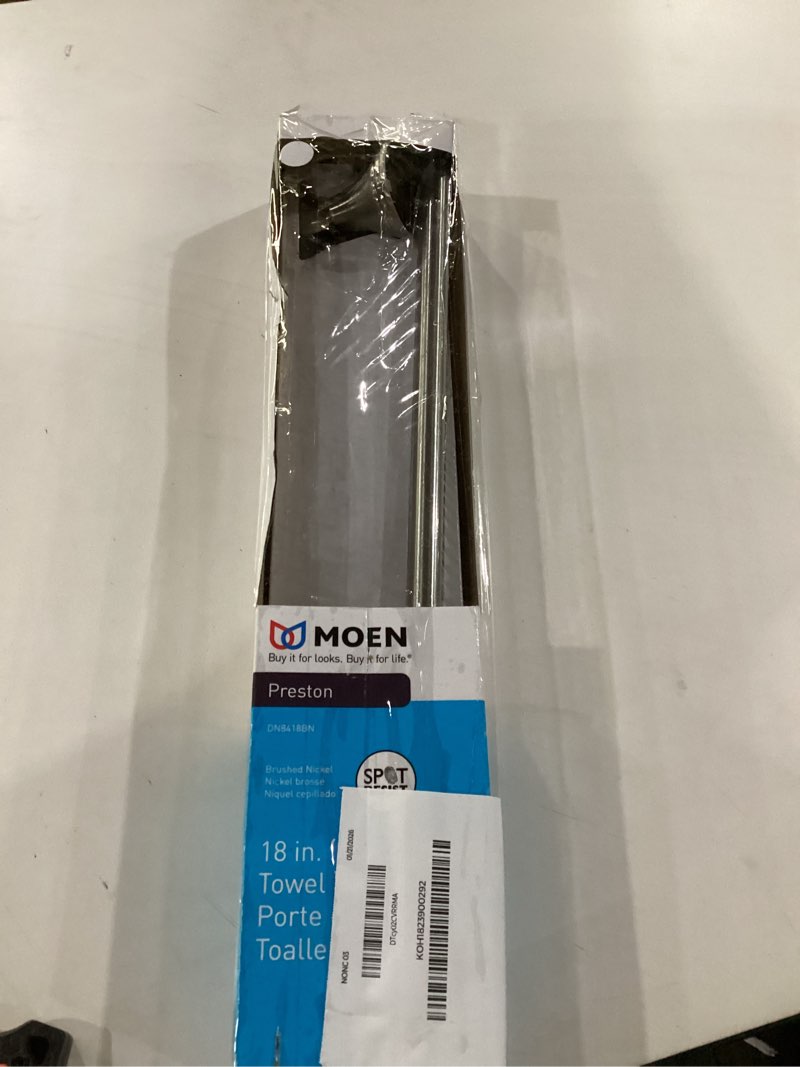 Condition photo showing As Is for Moen Preston Collection Brushed Nickel 18-Inch Single Bathroom Towel Bar, DN8418BN Brushed Nickel 18 Inch 18" Towel Bar
