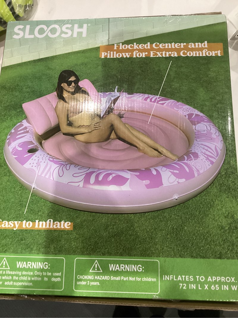 Condition photo showing New/Like New for SLOOSH Inflatable Tanning Pool Lounger Float, 72" x 56" Pool Floats Adult with Pillow, 4 in 1 Round Suntan Tub Raft Floatie,Sunbathing Bed Lounge for Water Blow Up Ball Pit Party Gifts, Pink