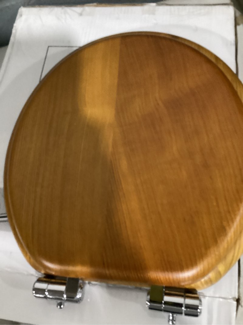 Condition photo showing As Is for angel shield wood veneer natural toilet seat with quiet close,easy clean, quick-release hinges(round,wood)