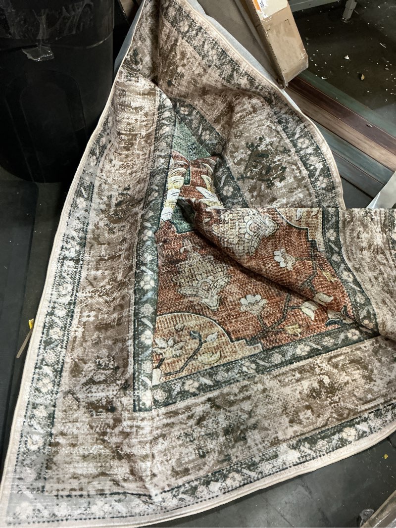 Condition photo showing Good Condition for releany area rugs 5'x7' washable non-slip, floral vintage distress print pattern medallion carpet for living room bedroom dining room, brick red rust neutral brown burnt orange green brick/brown/green 5' x 7' (rectangular)