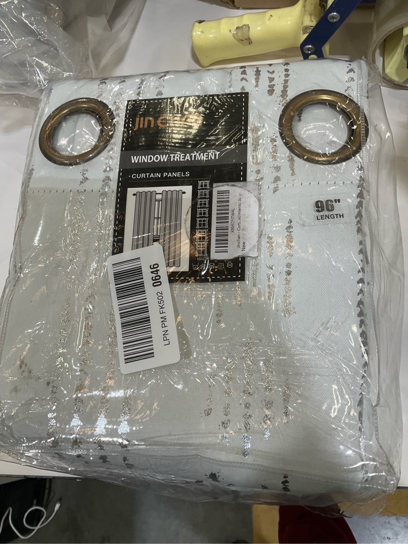 Condition photo showing As Is for jinchan 100% Blackout Boho Curtains 96 Inches Long for Bedroom Living Room Silver Geometric Foil Printed Grommet Top Room Darkening Thermal Insulated Window Drapes Off White 52x96 2 Panels 52"W x 96"L (Pack of 2) Boho | Silver on Off White