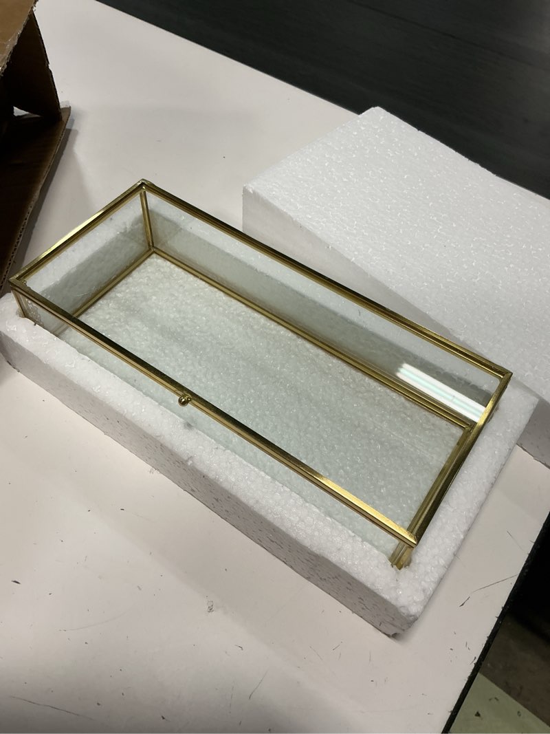 Condition photo showing Good Condition for 10.8” glass jewelry box gold card box with hinged lid, gold keepsake box for storage wedding card, trinkets, photo and more, cute glass box for women and girl,vintage large glod / transparent