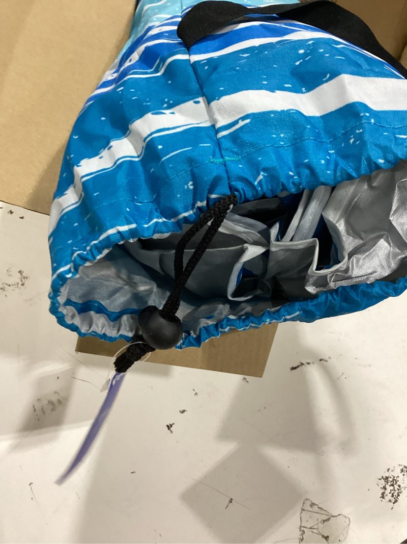 Condition photo showing Good Condition for lottafun 6ft beach umbrella - heavy duty wind resistant uv 50+ portable sun shade with sand anchor & carry bag, outdoor folding umbrella for beach, pool, patio, garden (blue stripe) no tilt the sand needs to exceed the spiral 6inch blue wave stripe