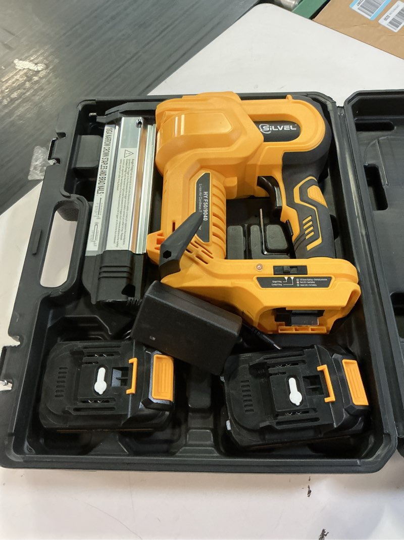 Condition photo showing Good Condition for silvel 2" cordless brad nailer, 2-in-1 21v electric brad nailer with 2 * 2.0ah battery, 1000pcs nails, 18ga staples, adjustable depth for woodworking, home improvement, yellow yellow-2a