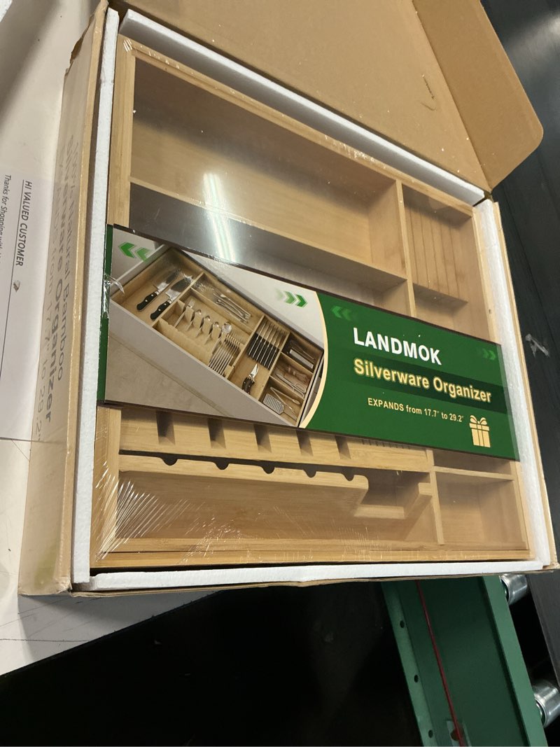 Condition photo showing Good Condition for bamboo silverware drawer organizer, 17.7-29.5 inch expandable large kitchen drawer organizer, 5-8 slot flatware with removable card slots & knife block for spoon butter knive, natural