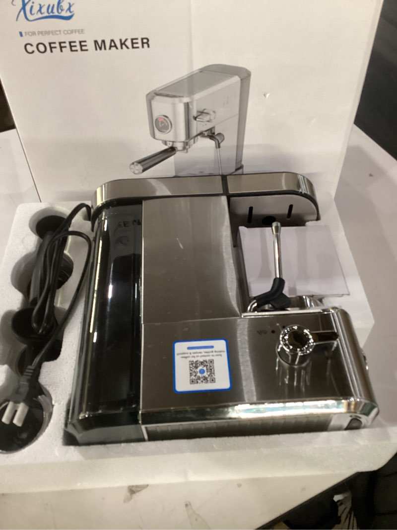 Condition photo showing As Is for not tested 20bar espresso machine, compact espresso maker with milk frother, stainless steel coffee machine for cappuccino&latte, 42oz water tank, visible pressure gauge, home&office, silver