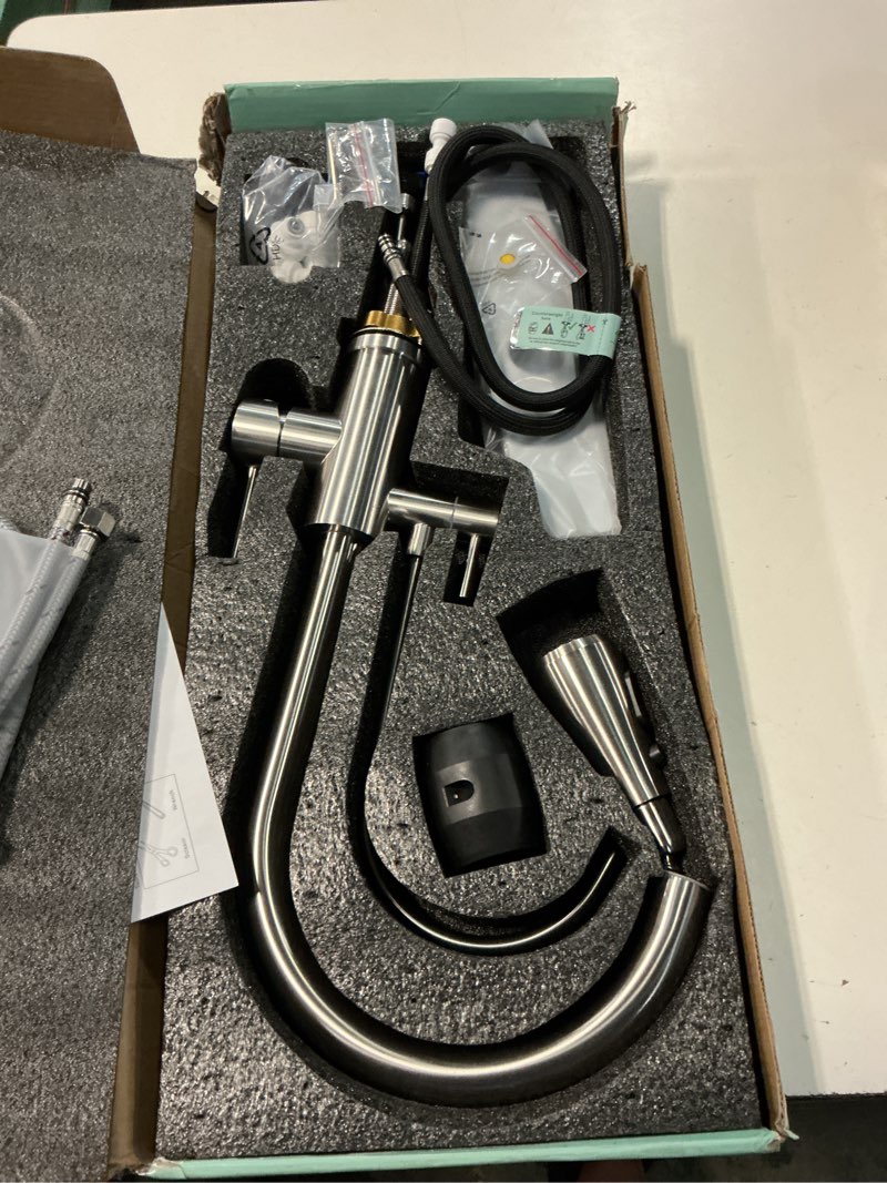 Condition photo showing Good Condition for forious kitchen faucets with water filter, 2 in 1 stainless steel pull down sink faucet and purfied water faucet high arc single handle with detachable deck for 1 or 3 hole, brushed nickel