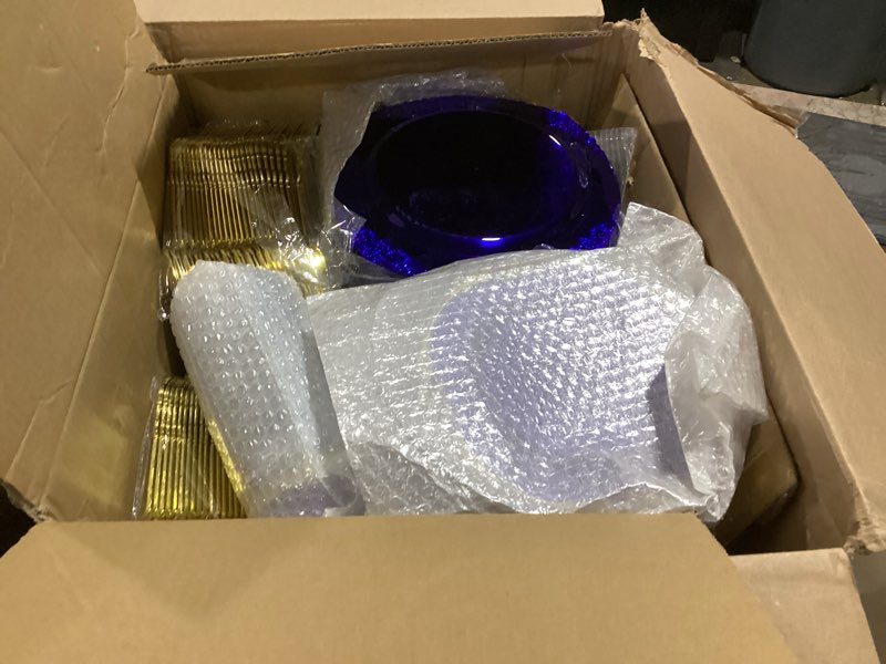 Condition photo showing Good Condition for 700pcs clear blue plastic plates for 100 guests, disposable plates with gold trim include 100 dinner plates, 100 dessert plates, 100 gold silverware, cups and napkins for party, graduation 100 guests blue