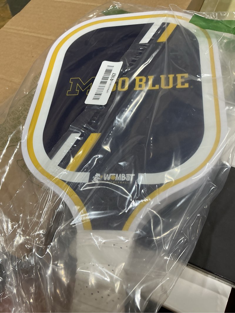Condition photo showing New/Like New for officially licensed college pickleball racquet - front & back graphics, micro-textured fiberglass face, 16mm honeycomb core, cold-press, 8.8 oz, reinforced edge guard the university of michigan
