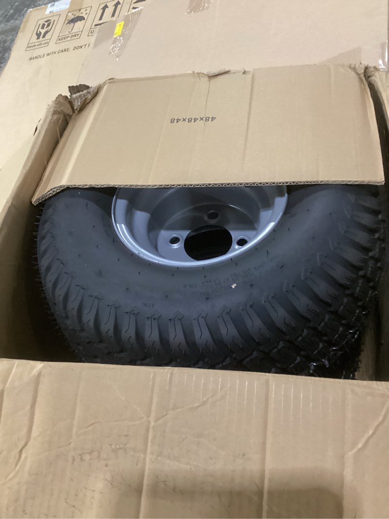 Condition photo showing New/Like New for ar-pro 2-pack 18x9.5-8 lawn mower tire and wheel assembly, 4-ply tubeless turf tires on silver rim, 4 lug 4" bolt pattern, 2.83" center hole, for zero turn & riding mowers 18x9.5-5" tubeless(s-turf tread) silver