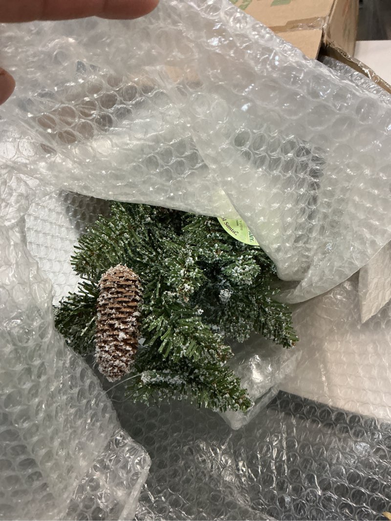 Condition photo showing As Is for National Tree Company 2 ft Pre-Lit Flocked Mini Artificial Christmas Tree, 50 Clear LED Lights, 75 Tips, Pinecones, Burlap Base, Timer, Green