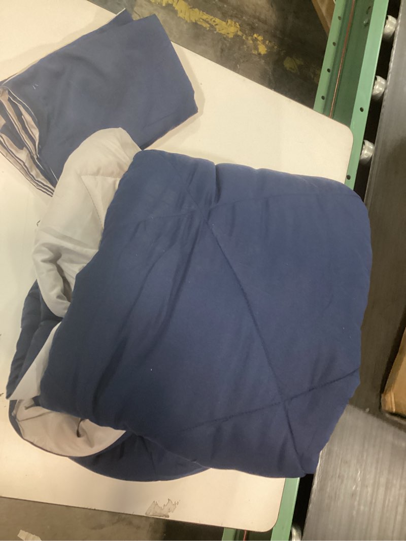 Condition photo showing As Is for basic beyond queen comforter set - navy blue comforter set queen size, reversible bed comforter queen set for all seasons, navy/grey, 1 comforter (88"x92") and 2 pillow shams (20"x26"+2") 03 - navy/grey queen