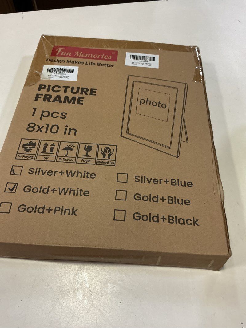 Condition photo showing New/Like New for Fun Memories 8x10 Picture Frame - 1pcs White Enamel Glass Photo Frame with Gold Metal Edge & Easel for Display Picture Frame on Countertops, Tabletops, Bookshelves, Desks, Walls (White/Gold) 1-Pack Gold+White 8x10