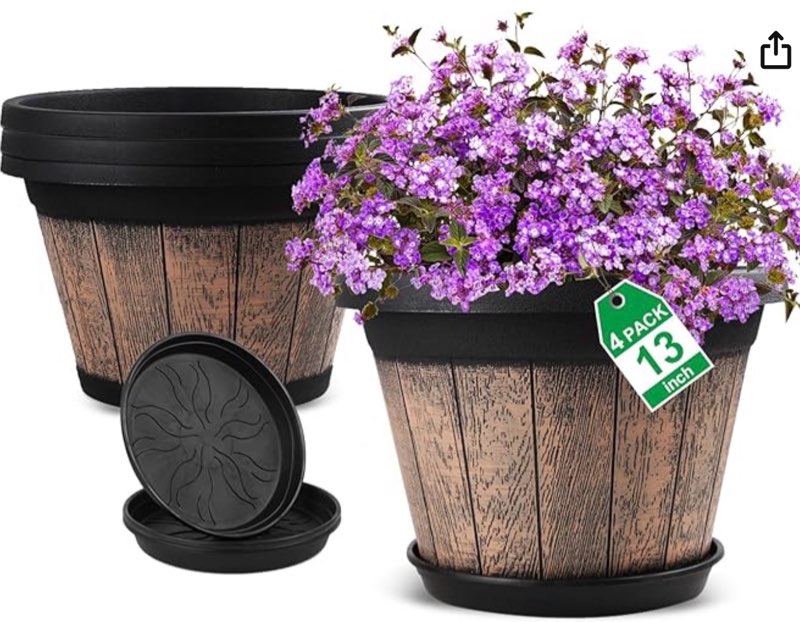 quarut large plastic plant pots set of 4 pack13 inch,whiskey barrel planters with drainage holes & saucer.flower pots imitation wine barrel design for indoor & outdoor garden balcony plants (brown)