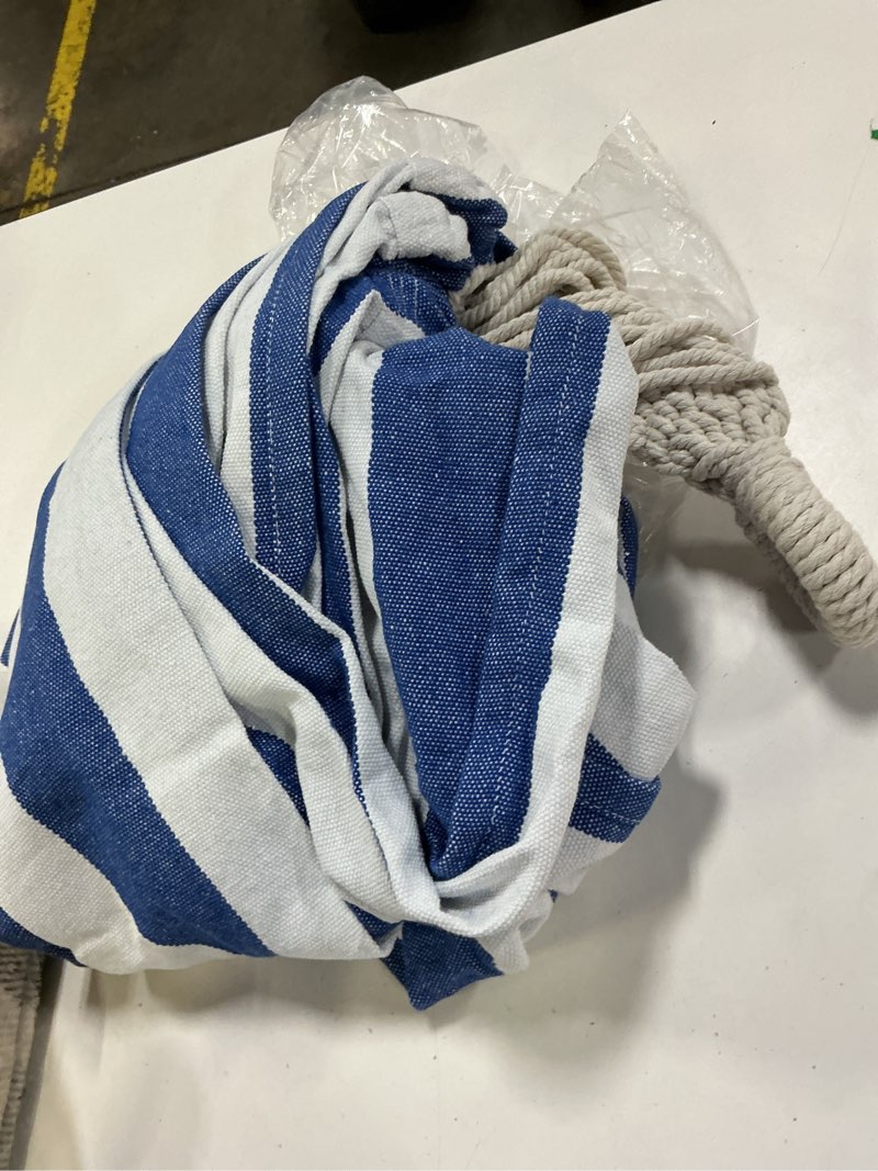 Condition photo showing As Is for suncreat fabric hammock for backyard, hanging tree hammock, blue & white blue & white stripes medium