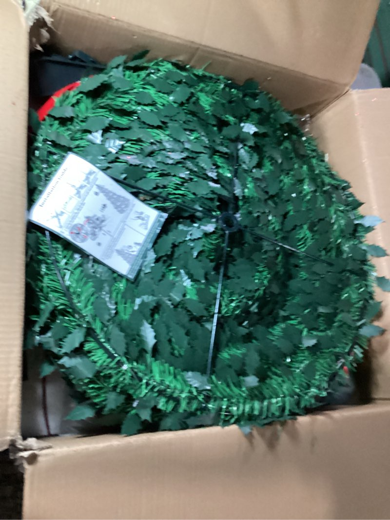 Condition photo showing New/Like New for 24" Pre-lit Christmas Wreath with 50 Lights & Timer & Remote, 150 Branches - Waterproof Battery Operated Lighted Christmas Door Wreath with Hanger & Red Bow for Christmas Outdoor Decorations Warm White& Colorful Battery (3 AAA)
