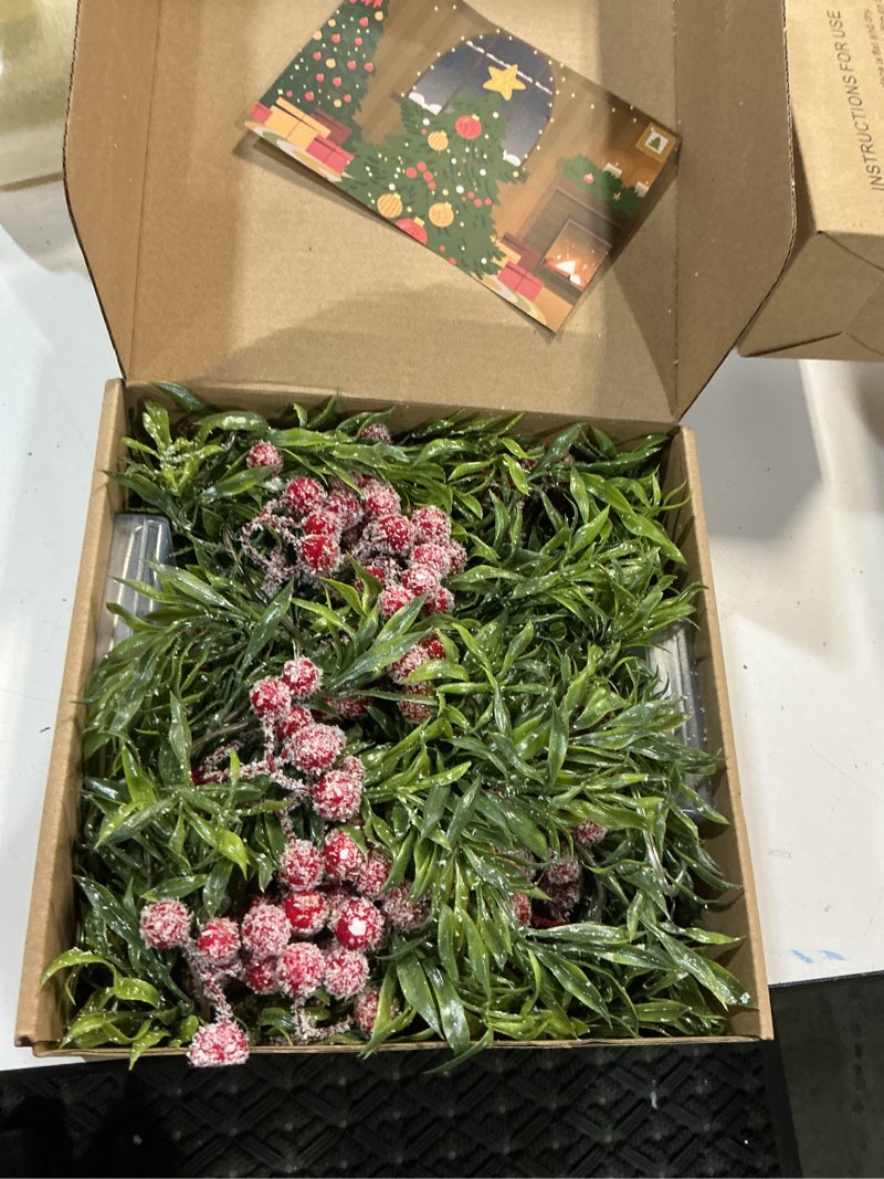 Condition photo showing New/Like New for 2 pack artificial christmas garland string lights with 162 snowy red berries 55 green leaves 20 led lights battery operated for xmas mantle indoor outdoor holiday christmas decoration 2 pack snowy red berry garland