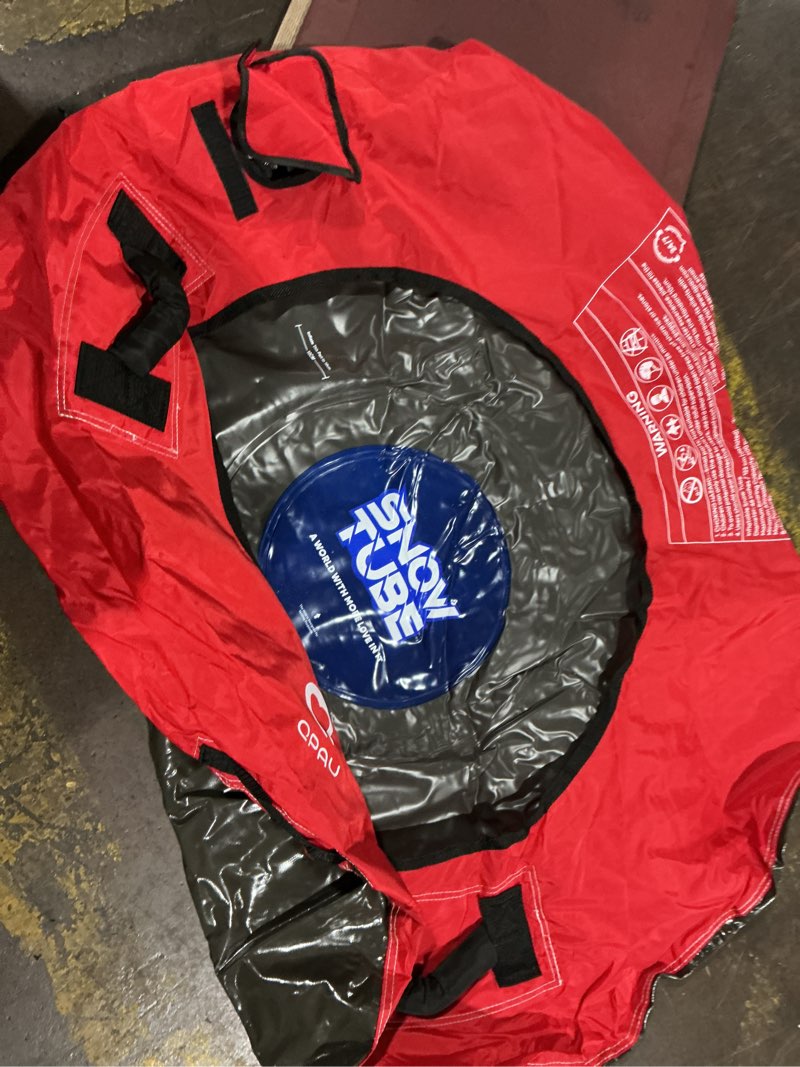 Condition photo showing As Is for zealfeel river tube snow tube, 45''/48'' rubber river tube with commercial grade canvas cover for kids & adults, inflatable heavy duty snow sled thickened hard bottom with tow strap 45in red snow tube river tube