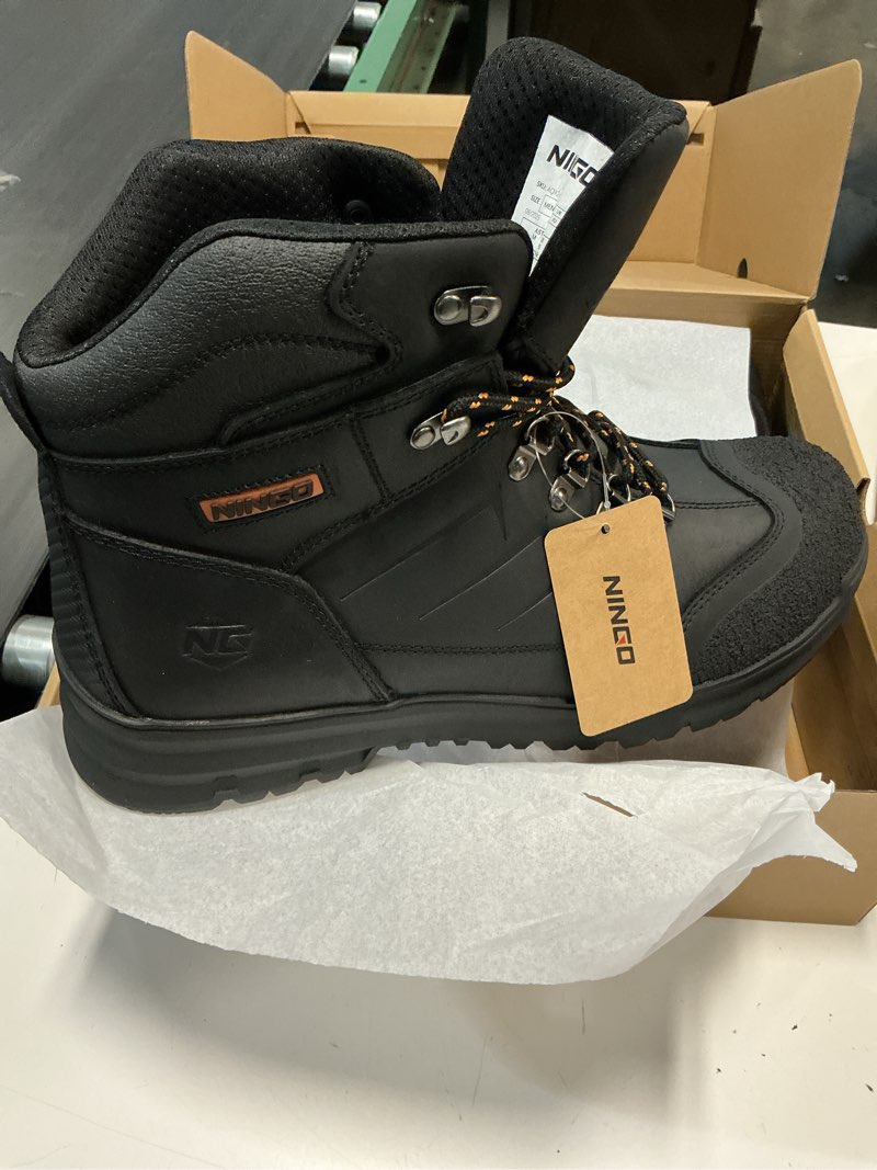 Condition photo showing New/Like New for size 13 ningo mens steel toe work boots, full grain leather, oil and slip resistant, puncture proof construction boots with breathable lining, anti-static, mens safety boots for industrial, warehouse