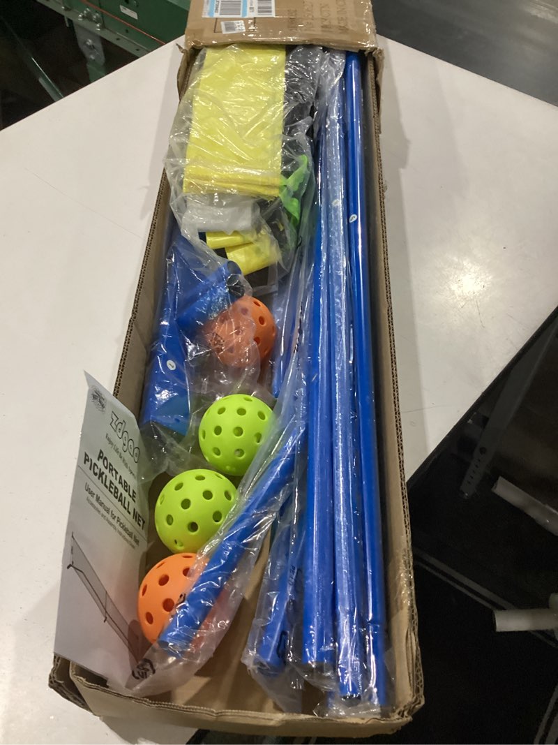 Condition photo showing New/Like New for zdgao pickleball net for driveway with 22ft regulation size pickleball net, 4 outdoor pickleballs and carry bag, weather resistance strong steel frame blue