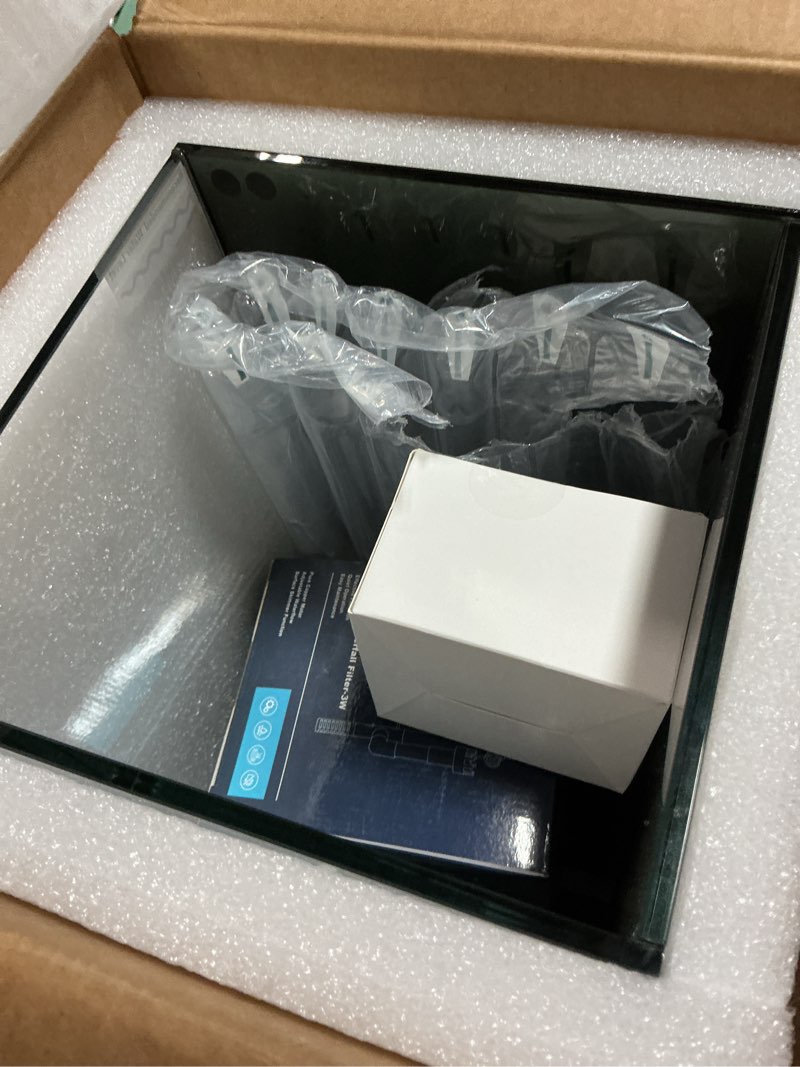 Condition photo showing New/Like New for 2.1 gallon nano aquarium kit with lid, space saving hang-on filter and led light, ultra-clear rimless glass desktop fish tank for small fish, shrimp, and betta