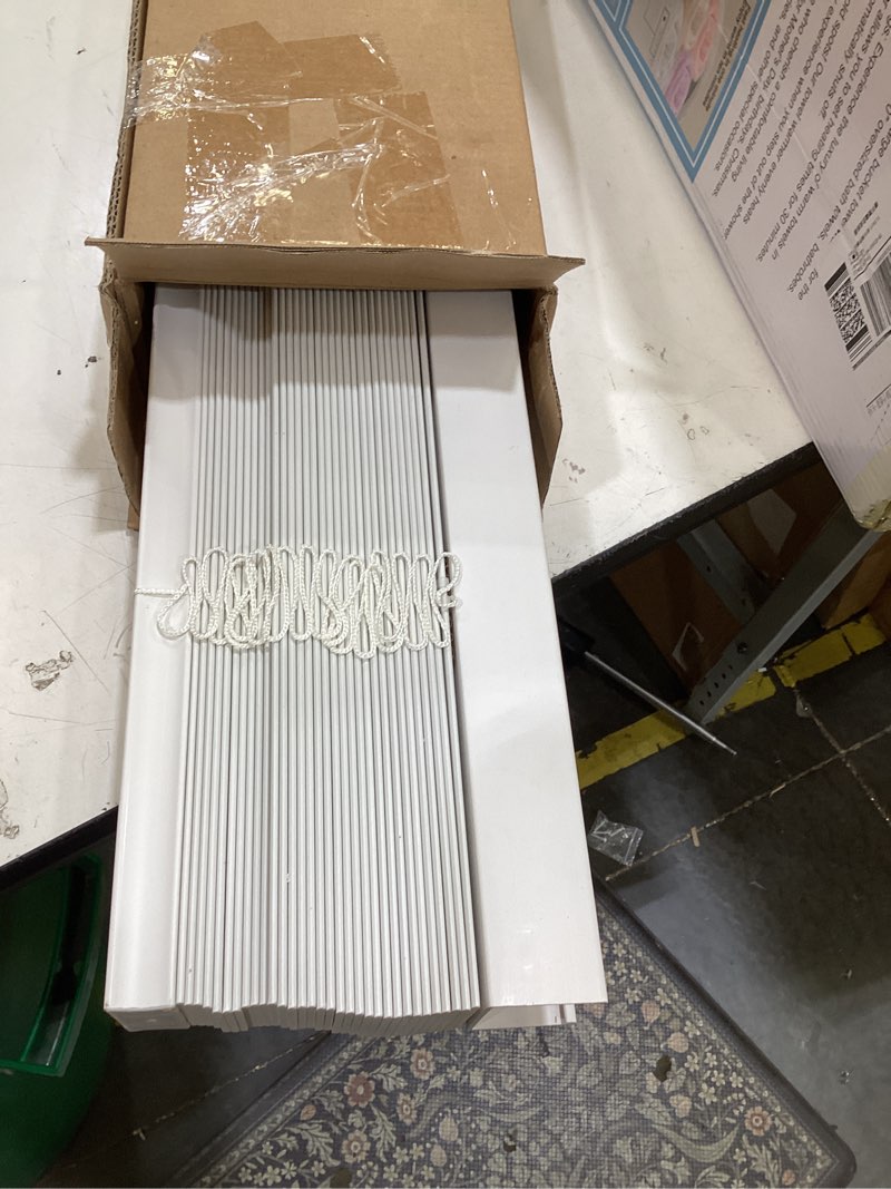 Condition photo showing Good Condition for lotus & windoware cordless faux wood blinds, 35" wide x 60" long, smooth, snow white, 2 inch horizontal blinds – for living room, bedroom, interior door windows