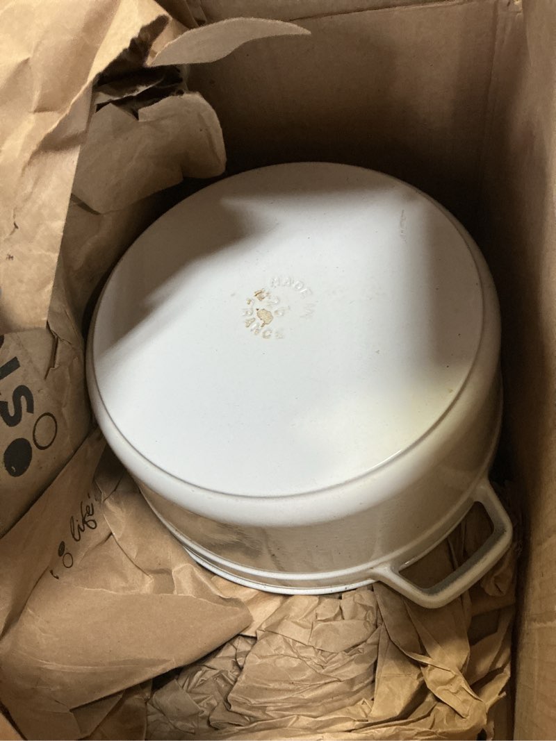 Condition photo showing As Is for STAUB Cast Iron Dutch Oven 5.5-qt Round Cocotte, Made in France, Serves 5-6, White 5.5-qt White