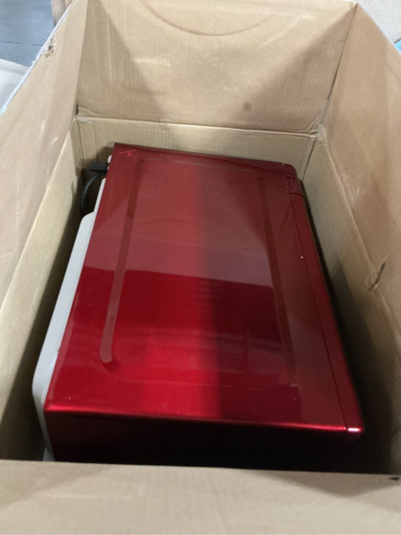 Condition photo showing As Is for Nostalgia Retro Countertop Microwave Oven, 0.9 Cu. Ft. 800-Watts with LED Digital Display, Child Lock, Easy Clean Interior, Cu.Ft, Red Retro Classic 0.9 Cu. Ft. Red