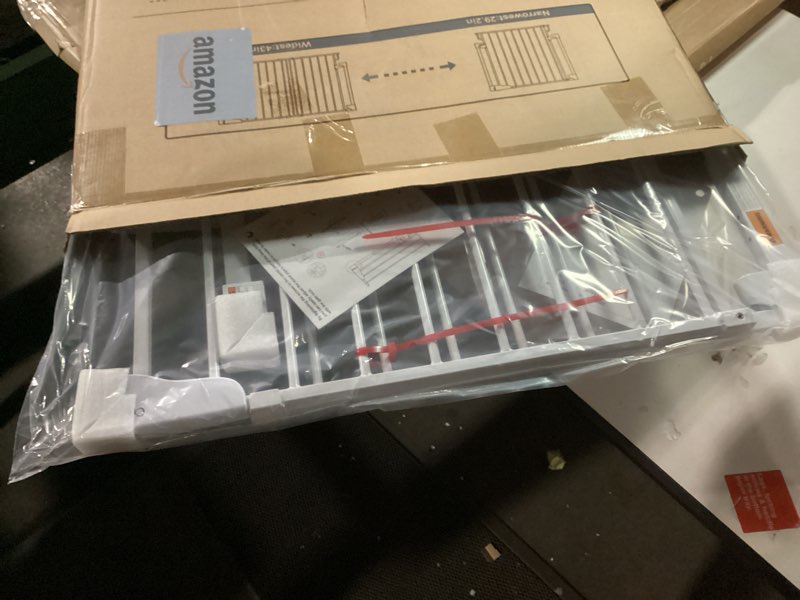 Condition photo showing New/Like New for Cumbor 29.2–43" Baby Gate for Stairs, Wall-Mounted (Drill Required), Expandable No Bottom Bar Dog Gate, Auto Close Extra Wide Walk Thru, Pet & Toddler Proof Gate, Top & Bottom of Stairways (White) White 29.2–43" W, Standard (SCREW-IN)