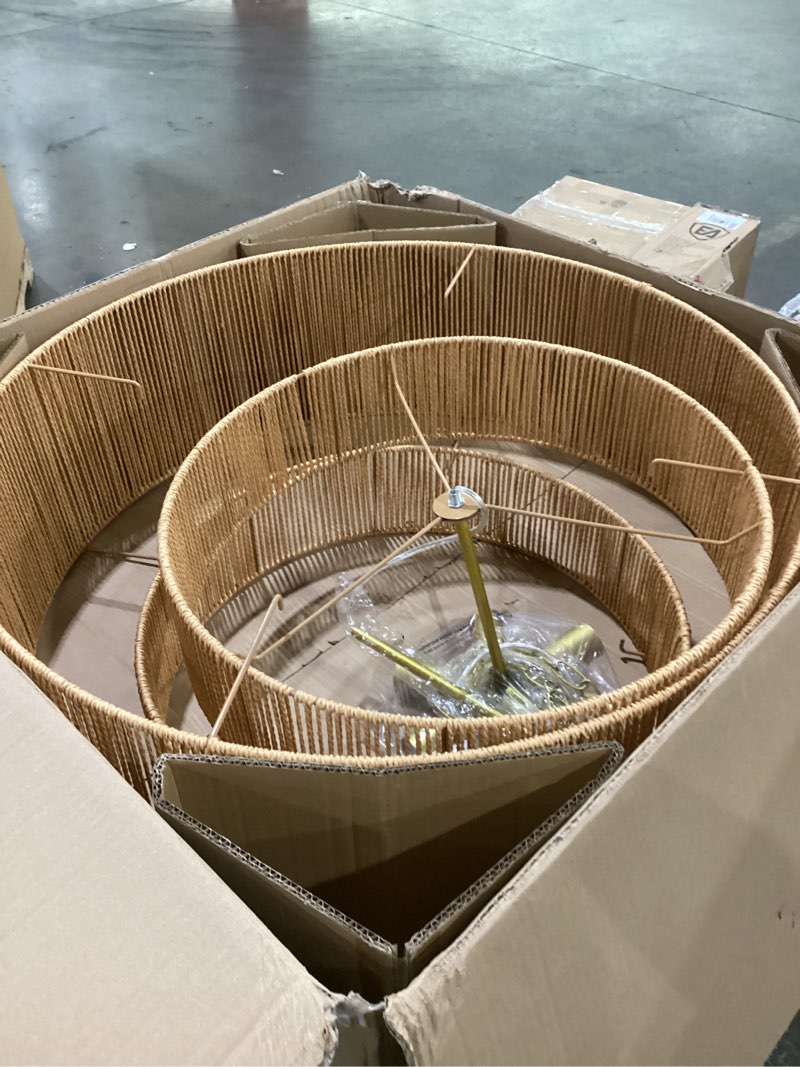 Condition photo showing Good Condition for not tested**** 30.7in large rattan chandeliers, 3-tier woven boho pendant lights, hemp rope hanging ceiling light, wicker lighting fixture for living room, dining room, bedroom, kitchen island 30.7in 1