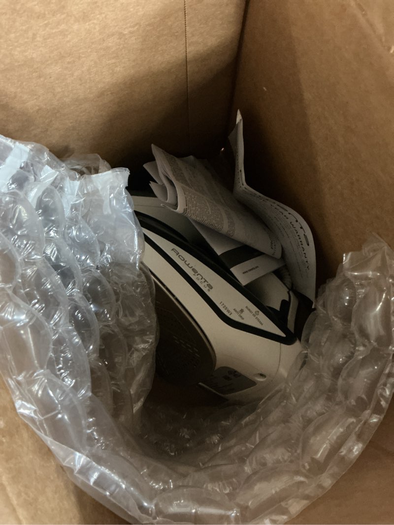 Condition photo showing As Is for rowenta iron steamer for clothes, focus stainless steel soleplate, 400 microsteam holes, powerful steam iron, lightweight, leakproof, 1725 watts powerful steam boost standard