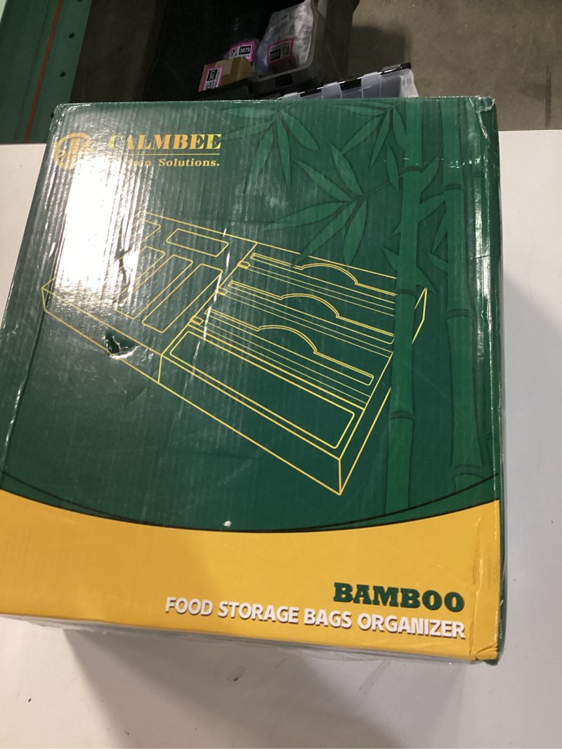 Condition photo showing New/Like New for calmbee 9-in-1 bamboo kitchen organizer - black & multicolor modern minimalist caddy with 3-in-1 wrap dispenser, cutter & bag organizer