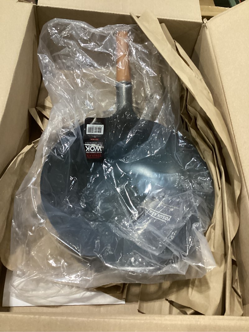 Condition photo showing New/Like New for YOSUKATA 13.5" Carbon Steel Wok Pan – Pre-Seasoned Flat Bottom Pow Wok for Stir Fry, BBQ, Grill & Camping – Traditional Japanese Chinese Cookware – Compatible with Induction, Electric, Gas, Open Fire