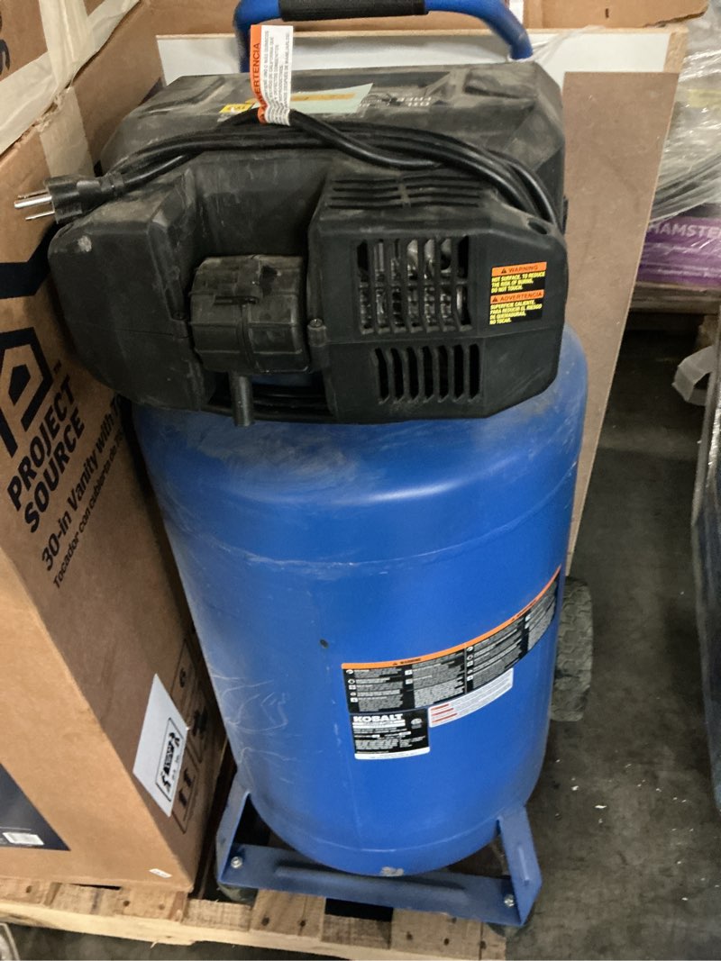 Condition photo showing As Is for kobalt 20-gallon portable electric 175 psi vertical air compressor
