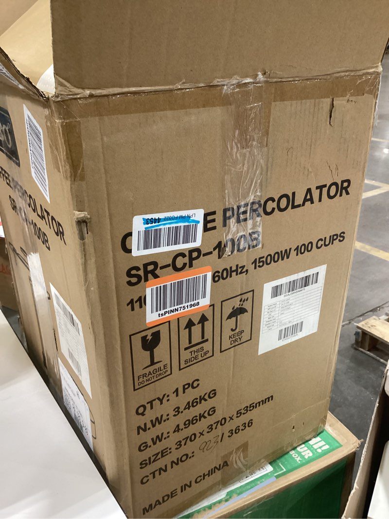Condition photo showing As Is for SYBO SR-CP-50B Commercial Grade Stainless Steel Percolate Coffee Maker Hot Water Urn for Catering, 50-Cup 8 L, Metallic 8L Metallic